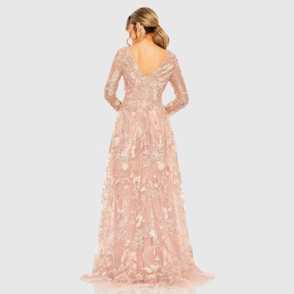 MAC DUGGAL  20214 Pink Embellished Long Sleeve V Neck A Line Gown - Image 4