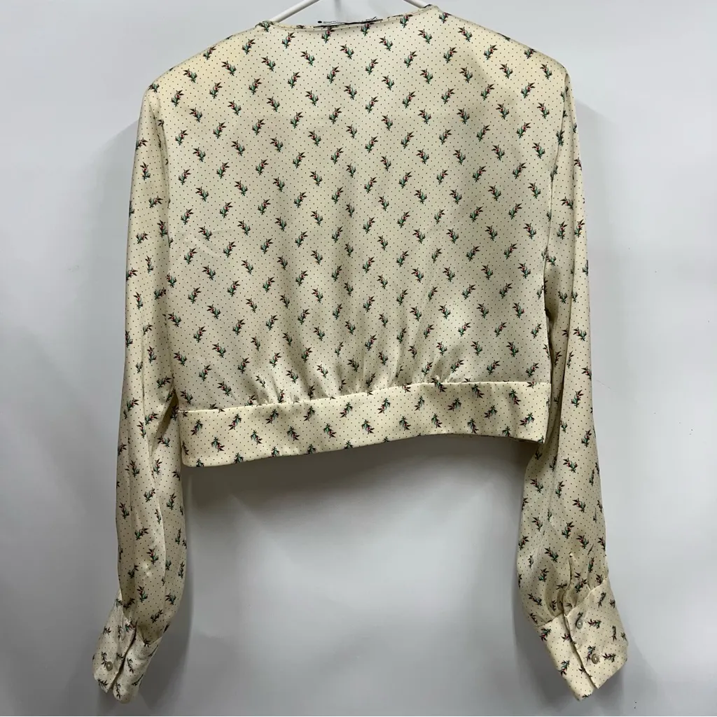 ZARA Satin Floral Crop Crew Neck Cut Out Long Sleeve Blouse Top Size xl - Image 2