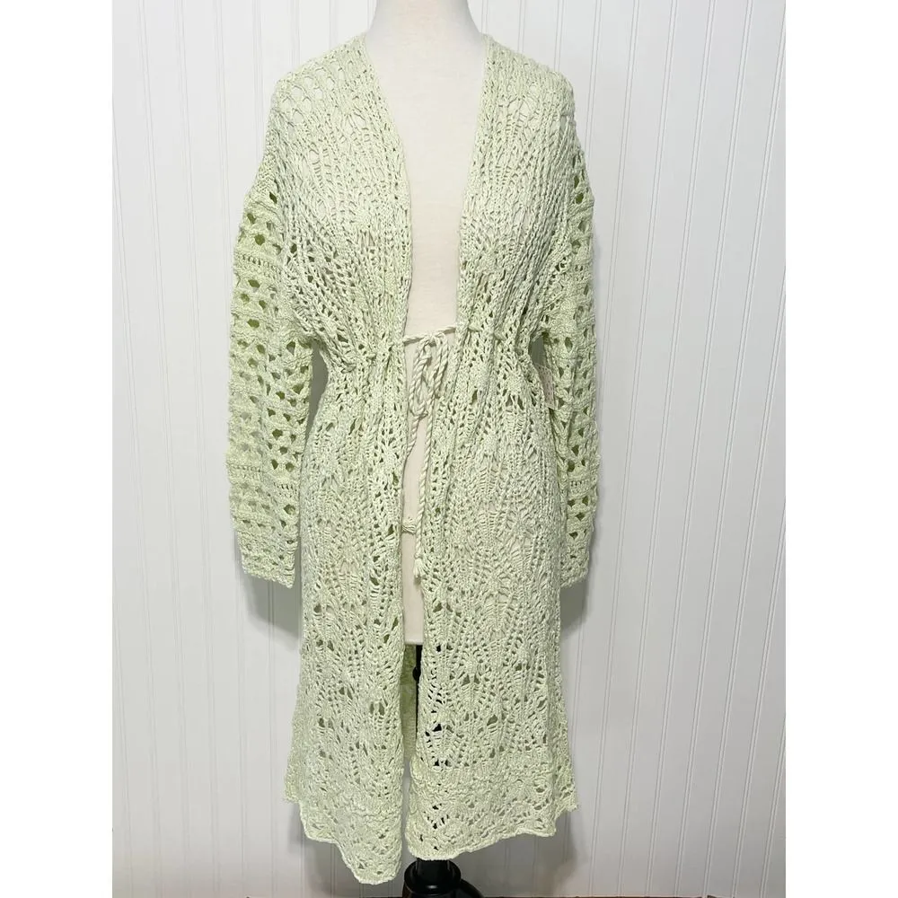 Free People Sweet Talker Long‎ Crochet Cardigan Honeydew Green XS Extra Small - Image 4