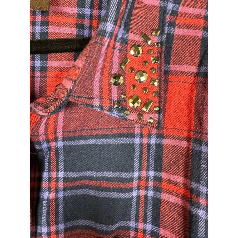 Bit & Bridle Pink Purple Blue Plaid Western Studded Embellished Shirt Women's 2X - Image 2