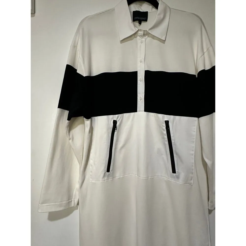 Cynthia Rowley Rugby Striped Cotton Knit Shirt Dress White Black Size Large EUC - Image 5
