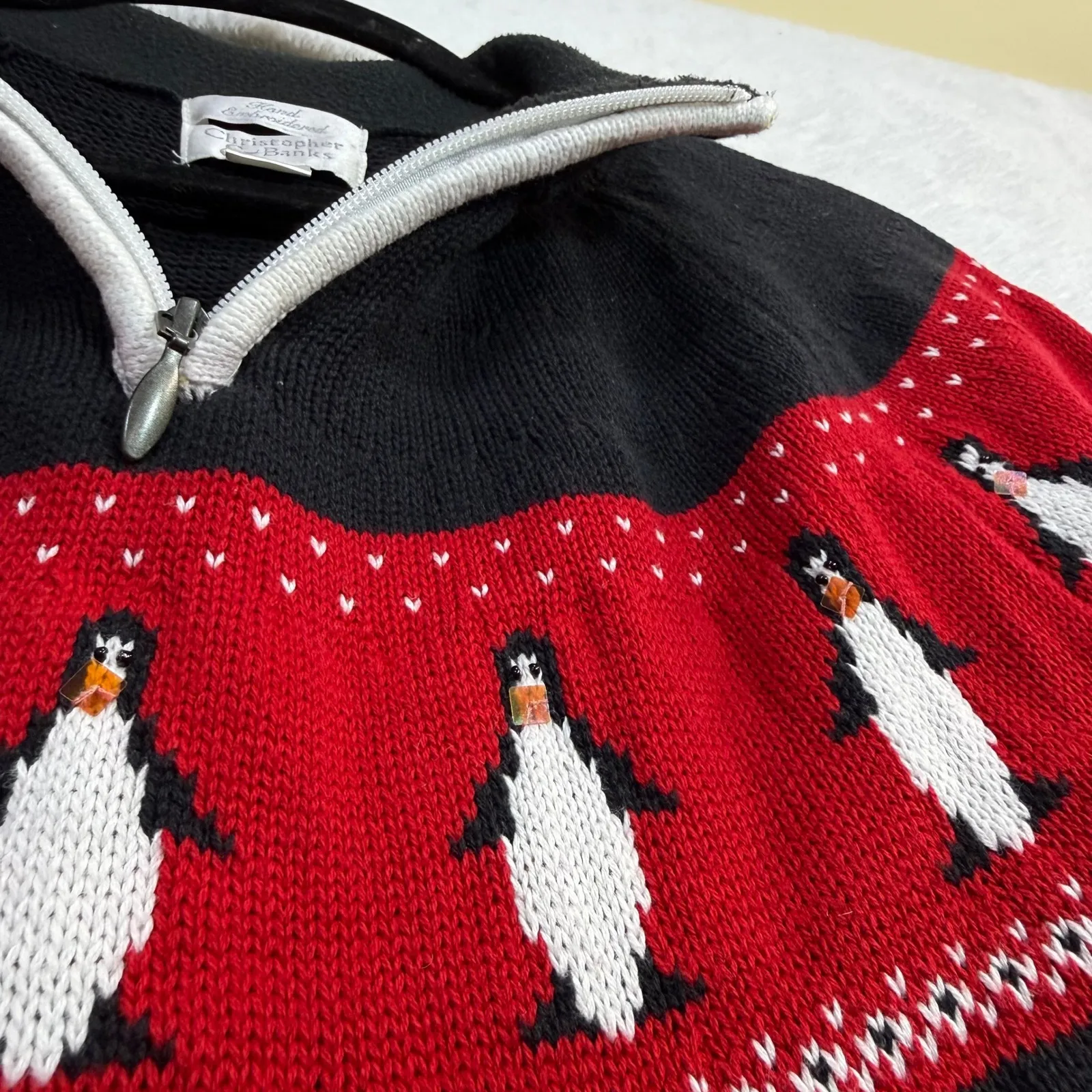 Christopher & Banks L Sweater Fair Isle 1/4 Zip Sequin Winter Penguin Holiday - Image 3