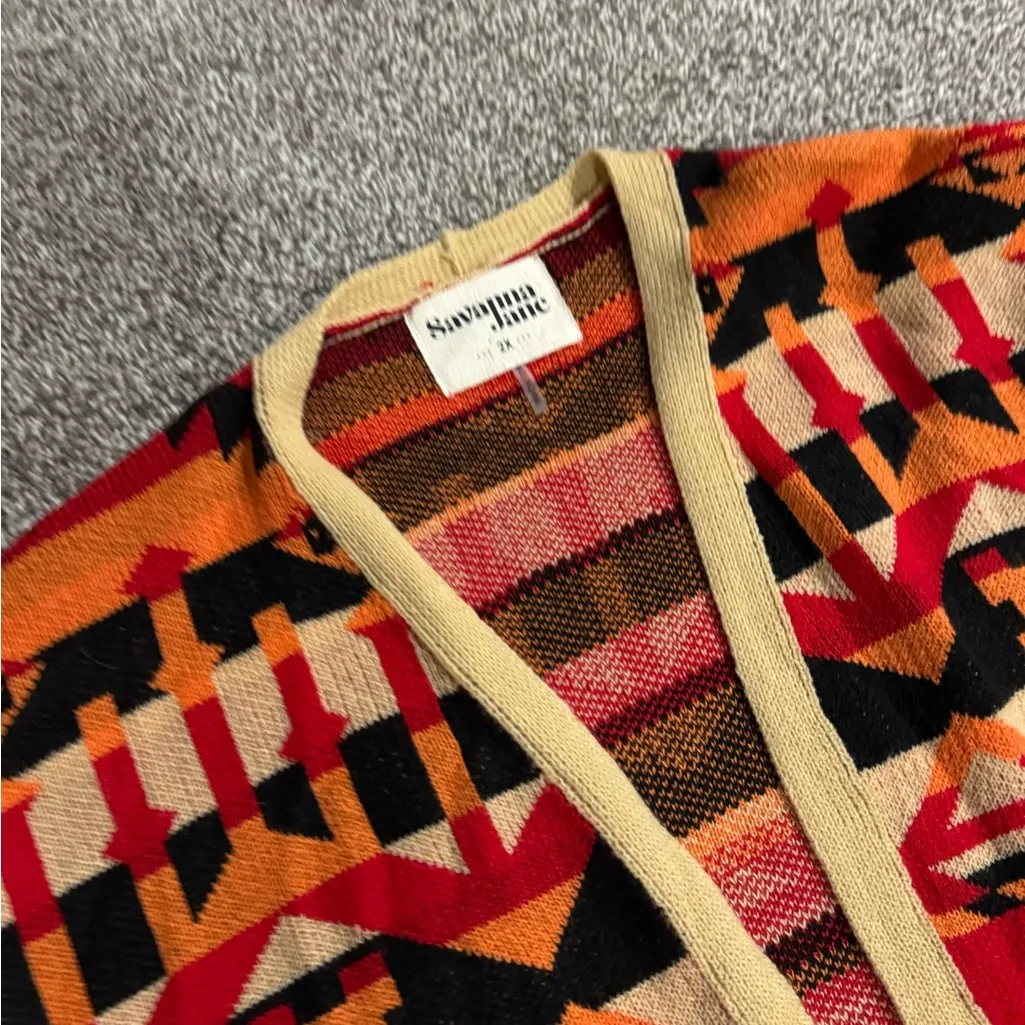 Savanna Jane Womens 2XL Southwestern Aztec Open Front Cardigan Boho Knit Sweater Orange Size 2X - Image 2