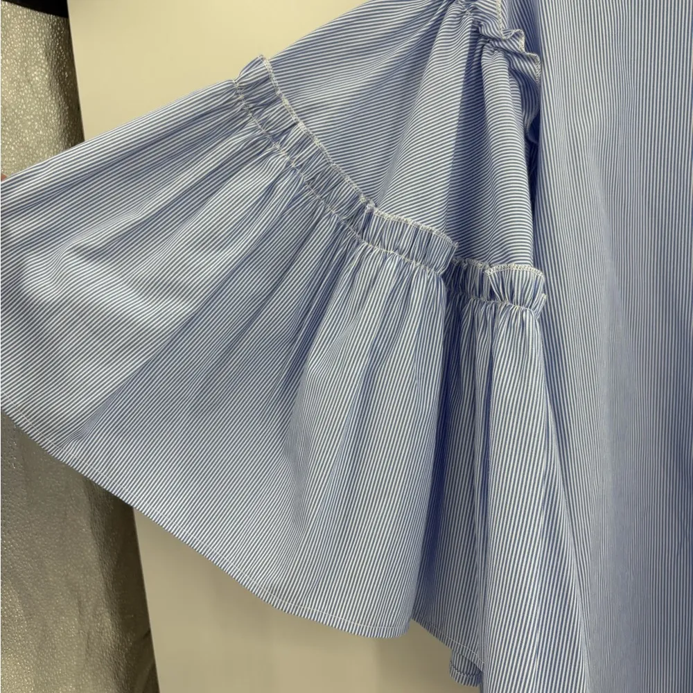 Women's DRA Blue White Stripes Long Sleeve bell Sleeves Blouse Shirt size xs - Image 4