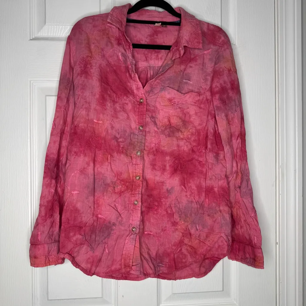 PILCRO ANTHROPOLOGIE The Cate‎ Classic Buttondown Space Dye Pink Embroidery XS - Image 3