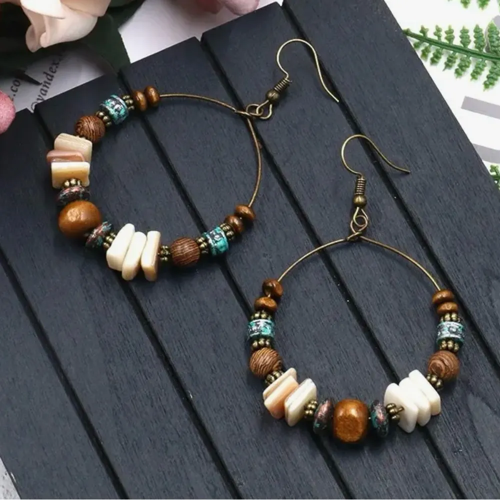 Rustic Brown and Blue Hoop Earrings - Image 2