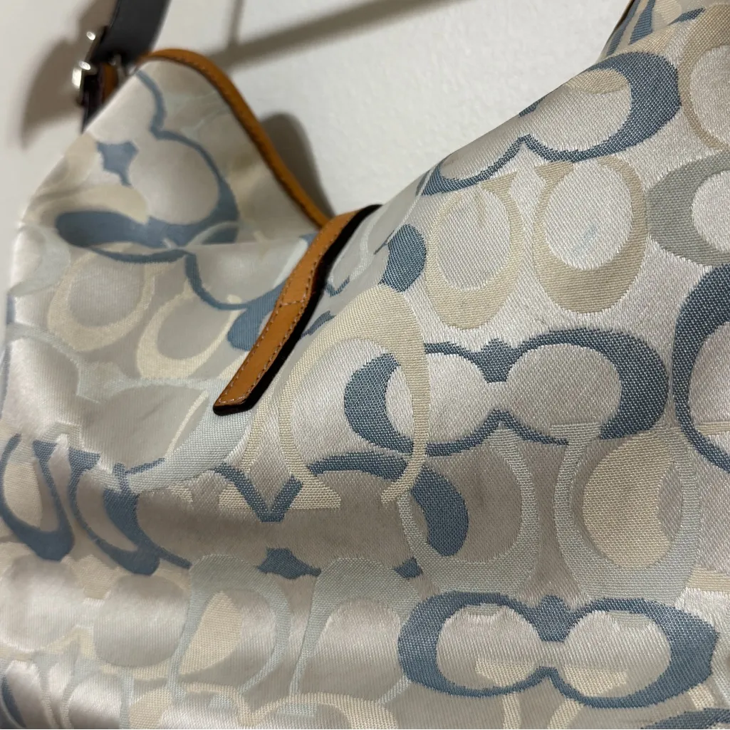 Coach Signature Hamptons Clip Hobo Bag Rare Canvas Leather Blue Beige Y2K - Image 6