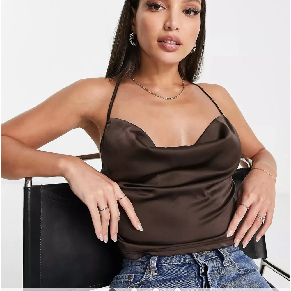 New Parisian satin cami strap top with cowl neck in chocolate‎ brown - Image 2