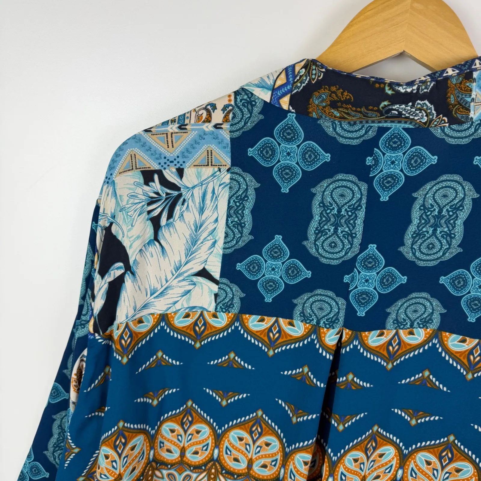 Rose + Olive Patchwork Paisley Button Down Shirt Sz 1X Blue Oversized Tunic Boho - Image 3