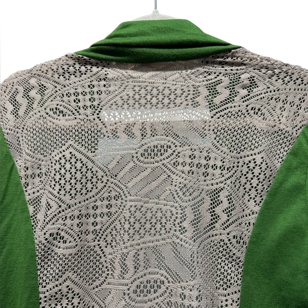 Lace Back Green and Beige Patterned Open Cardigan Joseph Q Size 1X Boho Festive - Image 6