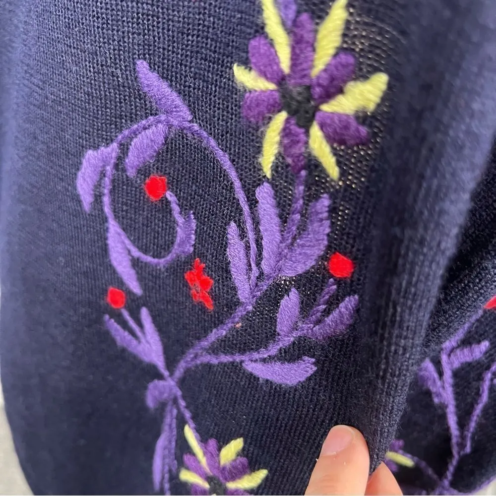 Sz OS Elvi Vintage Black Purple Floral Embroidered Sweater Vest Black - Image 5
