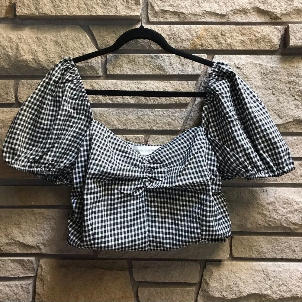 Pink Lily YOU'RE GENUINE CROPPED GINGHAM BLACK white Puff Sleeve Retro XXL - Image 4