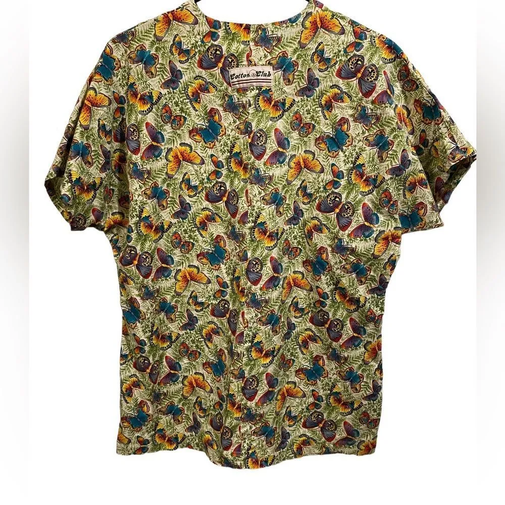 Cotton Club Retro Fun Multicolor Butterfly and Fern Short Sleeve Medical Scrubs Size M - Image 5