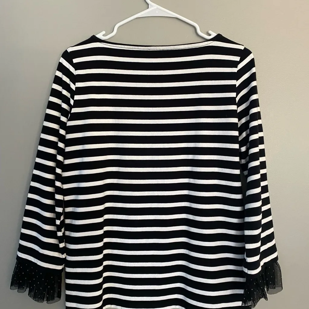 J Crew Women’s Shirt Small Black And White Striped Polka Dot Tulle Cuffs - Image 4