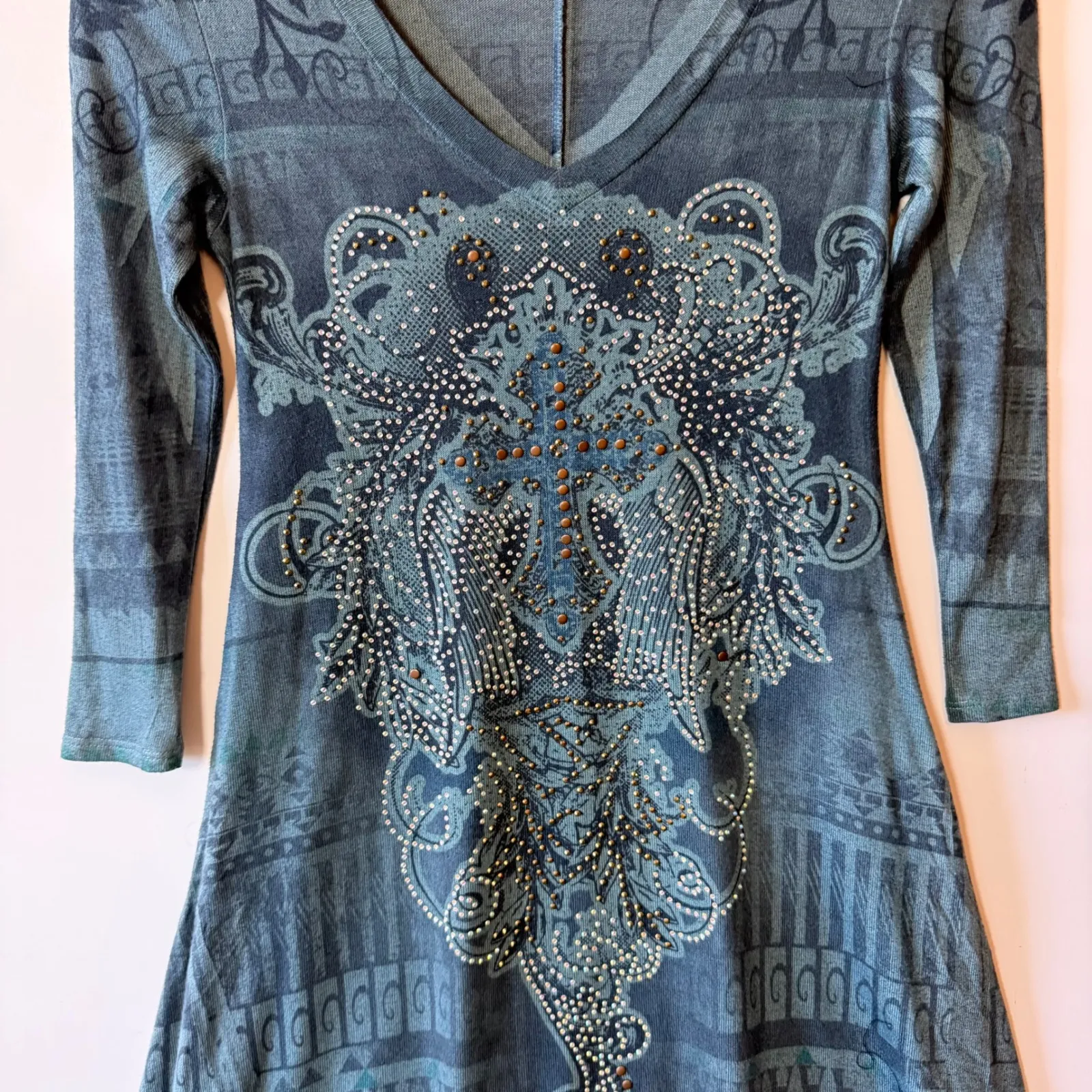 R Rouge Vintage Women Teal Embellished V Neck 3/4 Sleeve Tunic Top Shirt Dress S Gray - Image 6