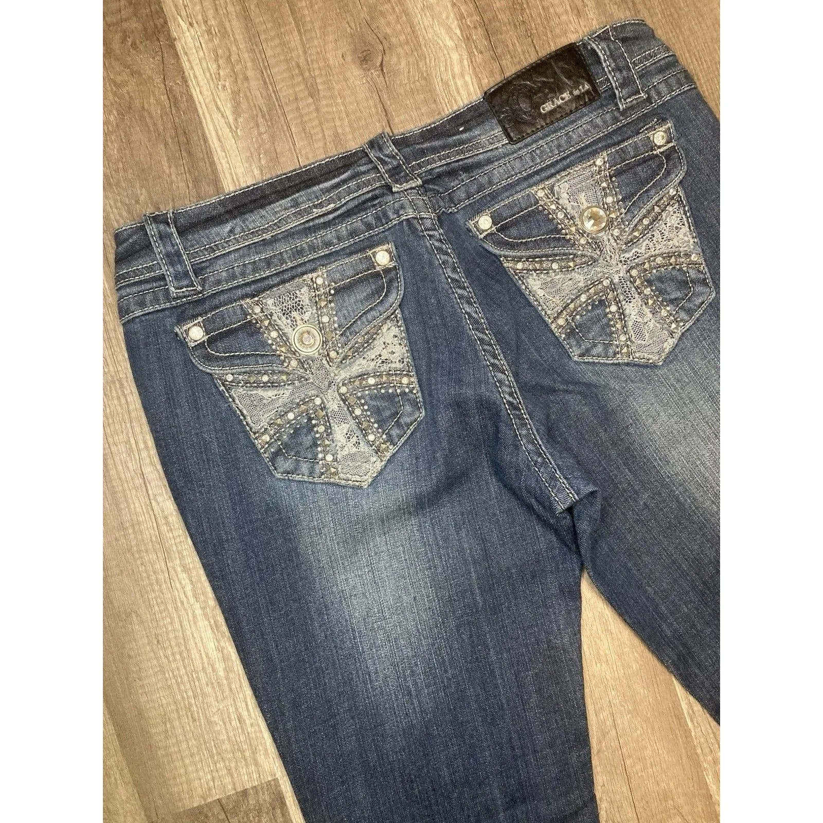Grace in LA Jeans 34x30 Womens 30 Dark Wash Embellished Pockets Boot Cut Cross - Image 4