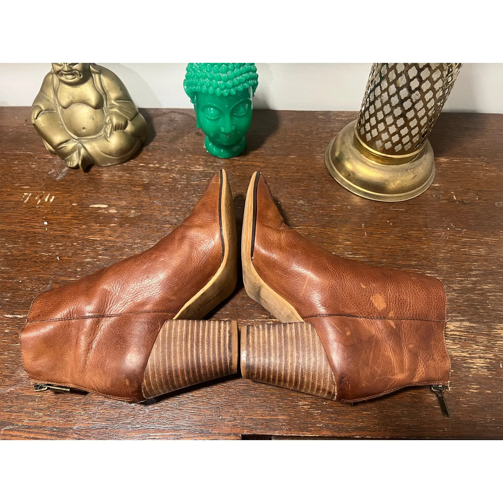 Lucky Brand Boho Western Pointed Toe Leather Booties Cognac Tan 7 - Image 7