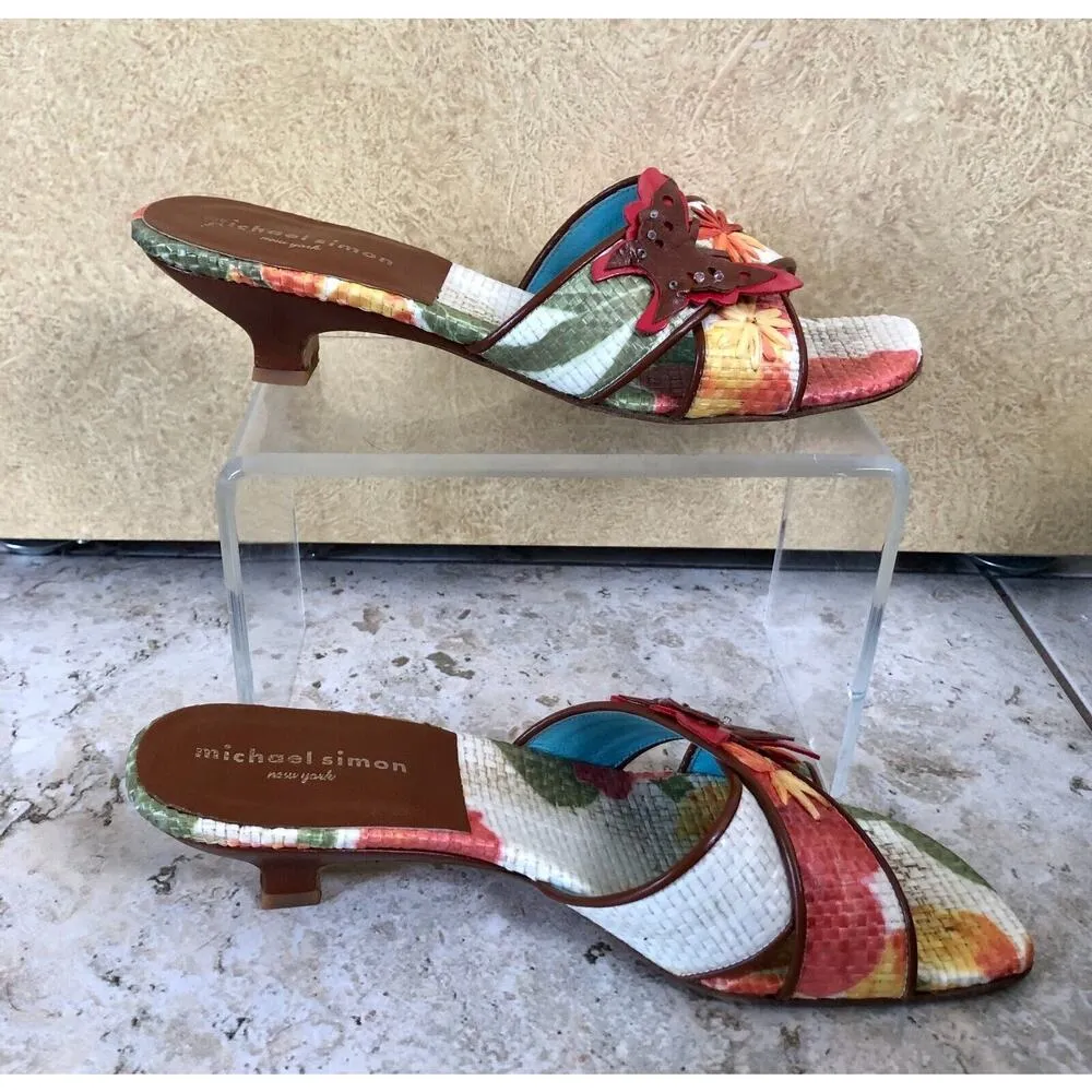 Michael Simon Shoe Slide Sandal Sz 7.5 Leather Textured Fabric Butterfly $150 Brown - Image 7