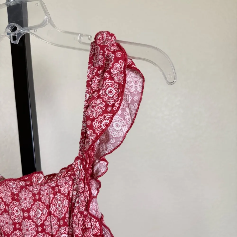 Luxology Prairie Milkmaid Boho Midi Dress Medium Red White Floral Sundress Flowy - Image 8