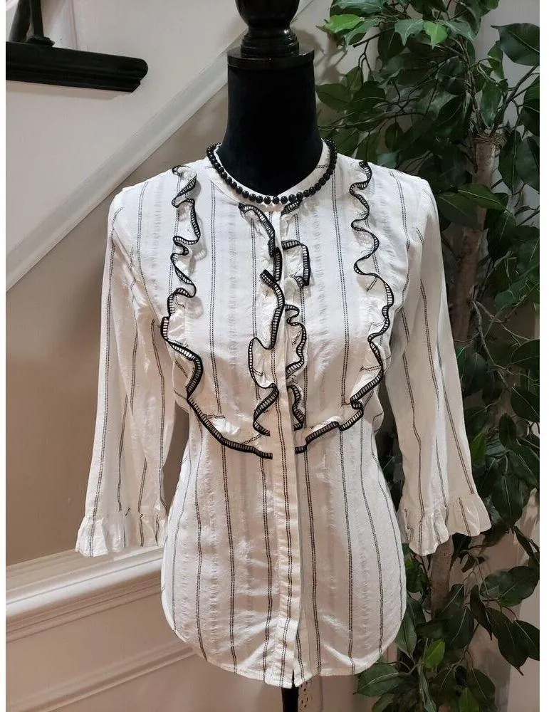 Karl Lagerfeld Women's White Striped Cotton Long Sleeve Button Down Shirt Small - Image 12