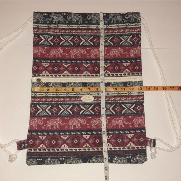 J.M. Bangkok Canvas Backpack Drawstring Gym Bag Ethnic Bohemian w/zip Pocket Blue - Image 8