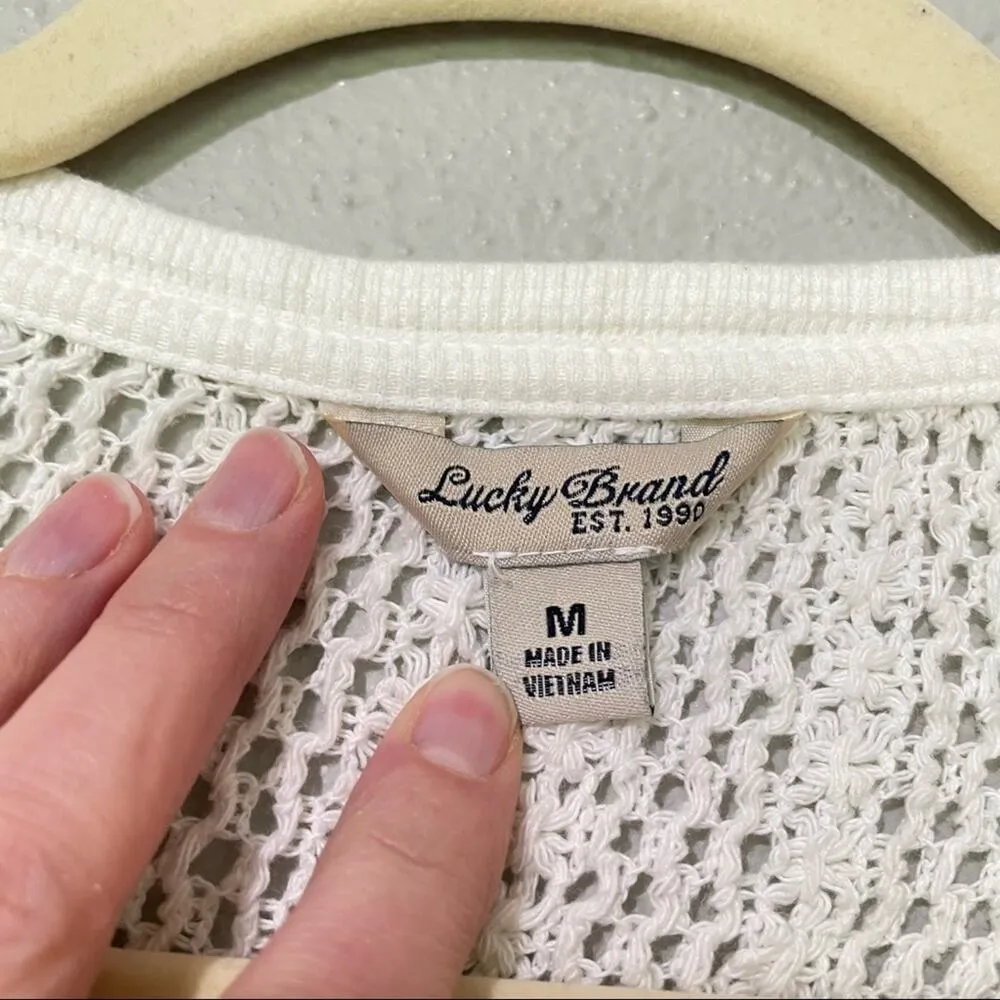Lucky Brand White Long Sleeve Embroidered Blouse Boho Womens M Crochet Eyelet - Image 3