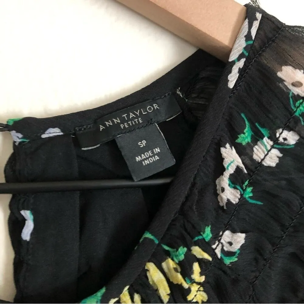 Ann Taylor Black Floral Short Bell Sleeves Lightweight Flowy Mini Swing Dress - Image 6