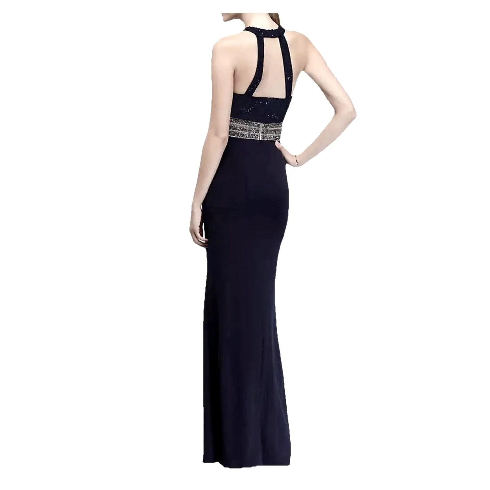 SPEECHLESS  Lace and Jersey Y-Neck Dress Beaded Waist 5 Navy Blue Party Dress - Image 2