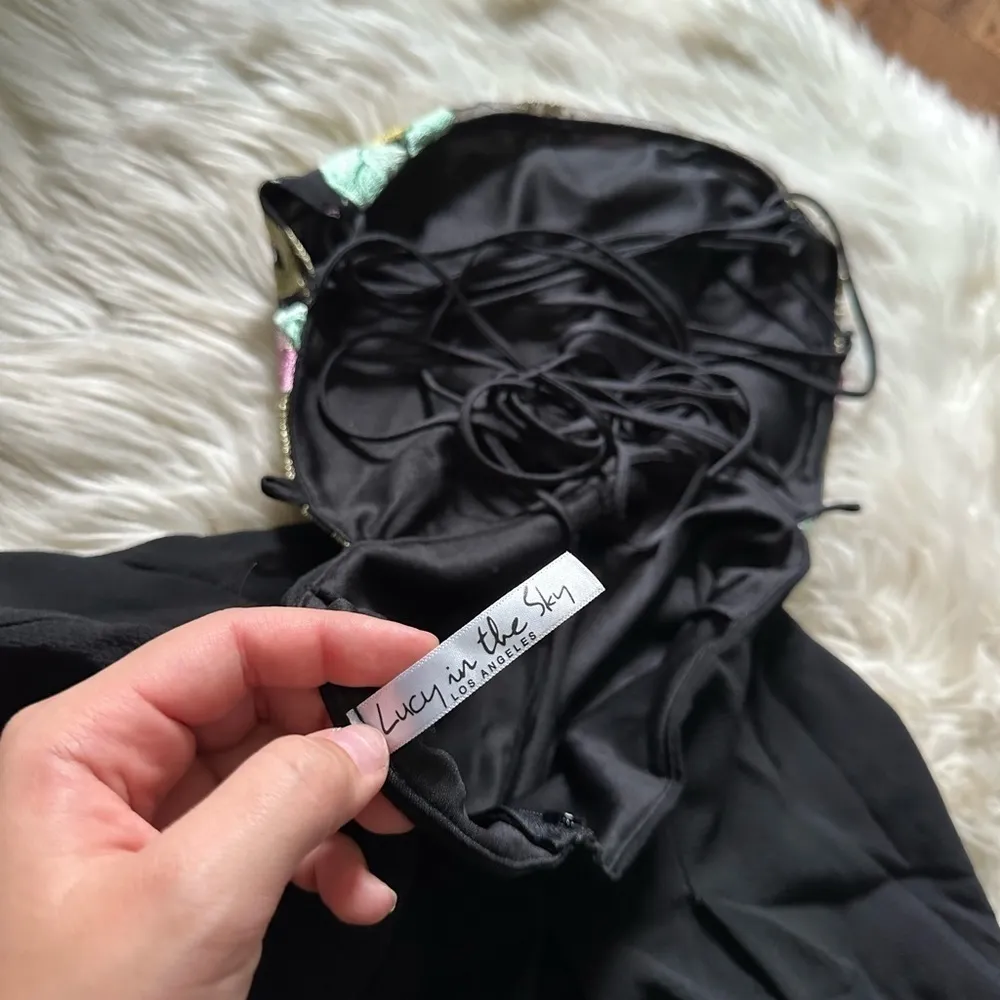 LUCY IN THE SKY Black Floral Strappy Back Embroidered Romper - Image 5