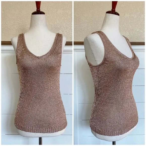 Bar‎ III Womens Metallic Mesh Knit Sleeveless Sweater Tank Rose Gold sz XS - Image 2