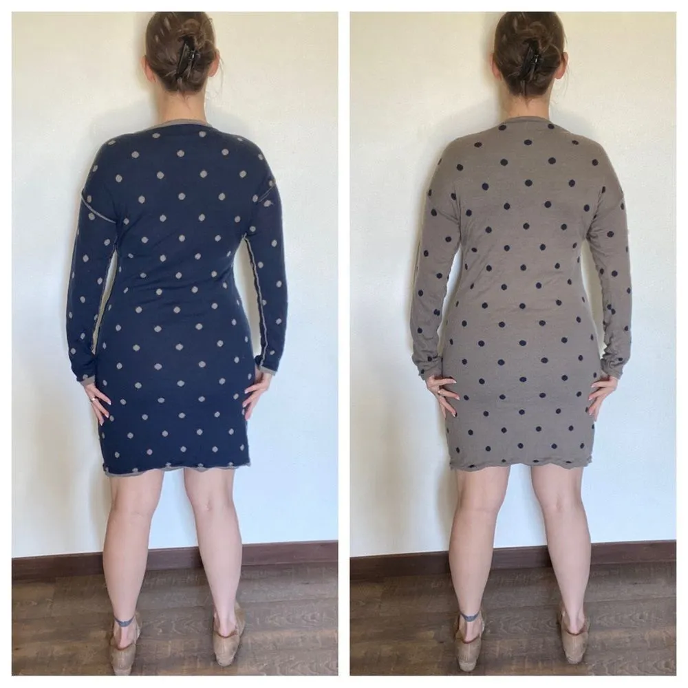 Sweater Dress Reversible Navy Taupe Brown Dot Large Soft Stretch Blue - Image 3