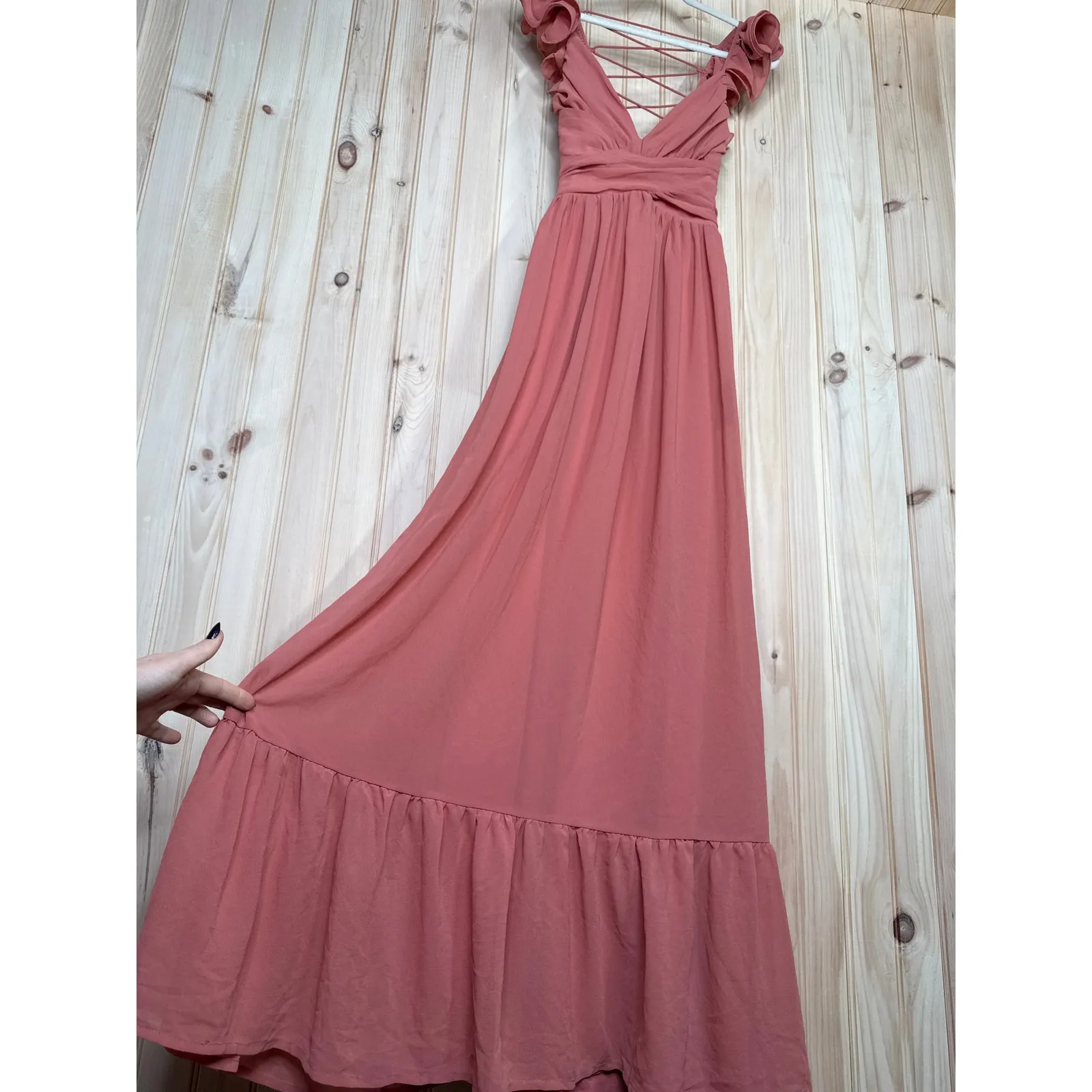 NWT Lulus Soiree Celebration Rusty Rose Ruffled Lace-Up Maxi Dress Bridesmaid S - Image 8