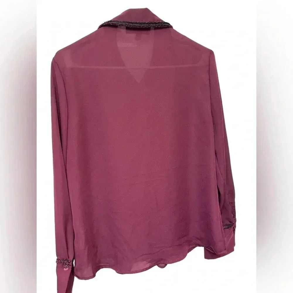 Laundry by Shelli Segal Burgundy Blouse Boucle Trim Long Sleeve Sheer - Image 2