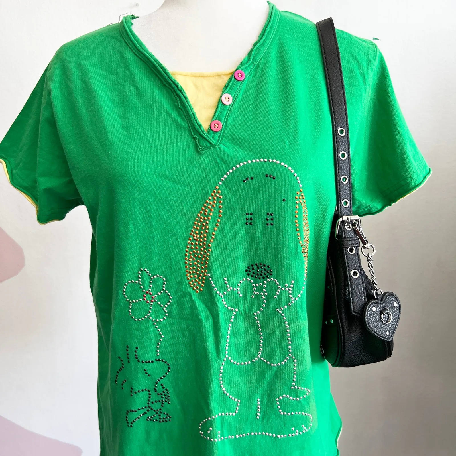 Snoopy Woodstock Rhinestone Top, Y2K, Kawaii, Retro Kidcore, Glam, Large, 2000s‎ Green - Image 2