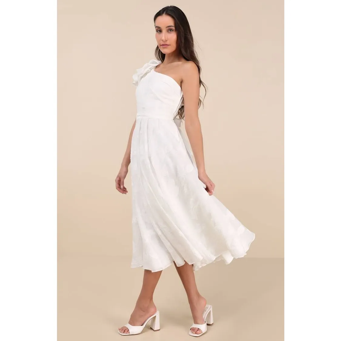 NWT Lulus Sweet Definition White Burnout Ruffled One-Shoulder Midi Dress Size XL - Image 4