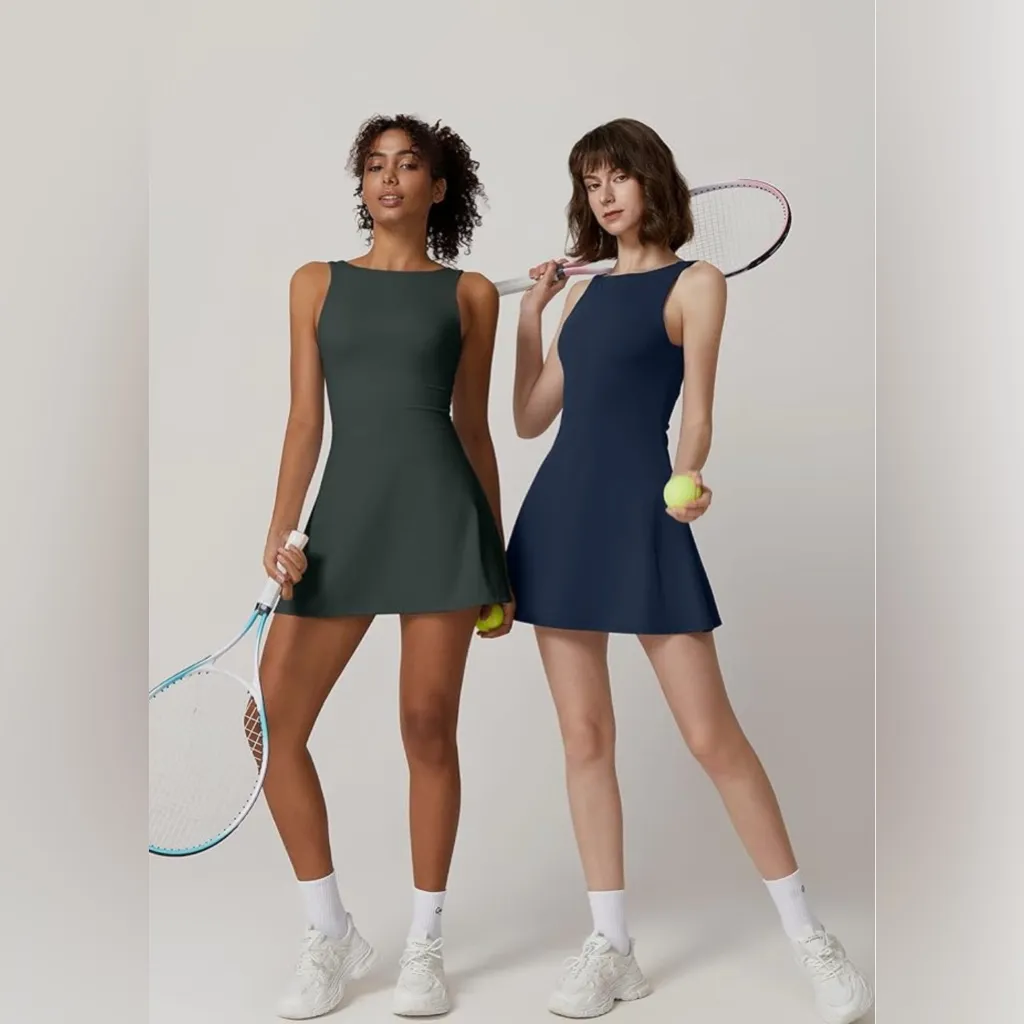 NWT QINSEN Women’s Dark Green Open Back Tennis Dress - Image 6