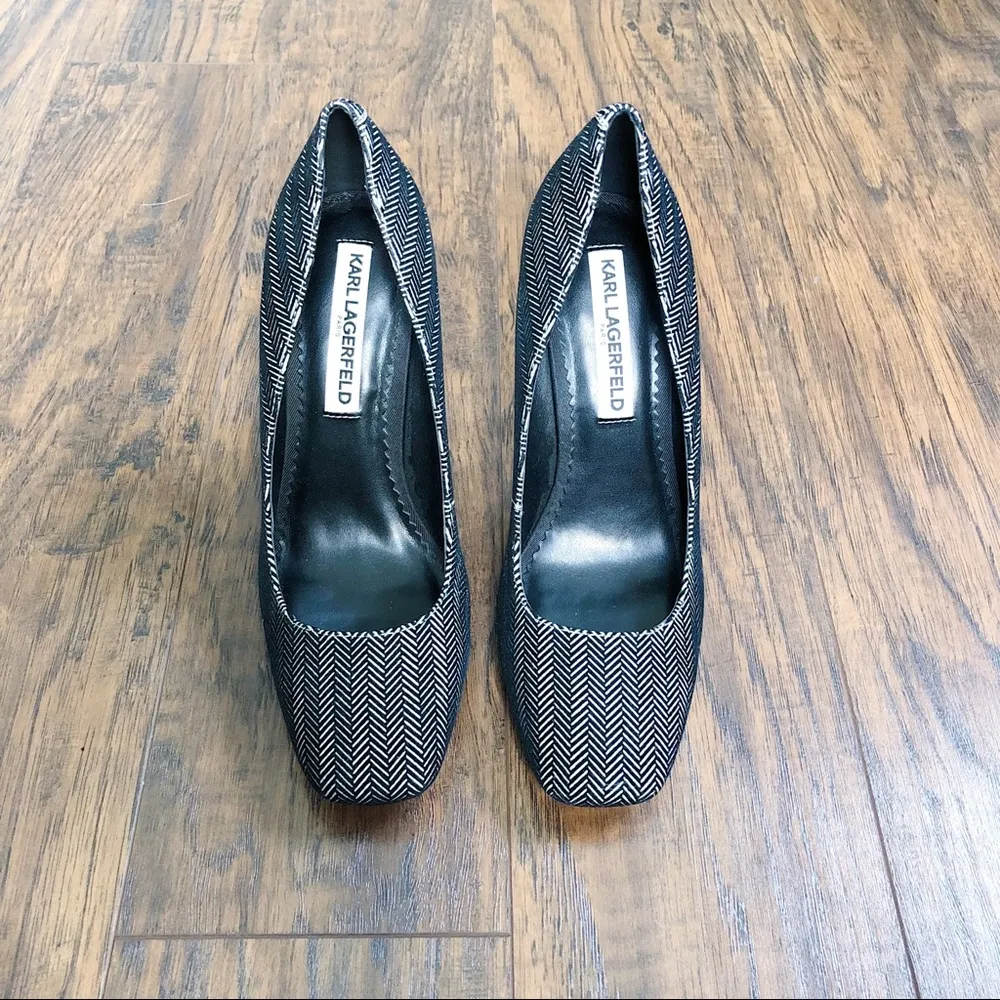 Karl Lagerfeld • Maki heels pumps herringbone velvet black square toe tweed - Image 3