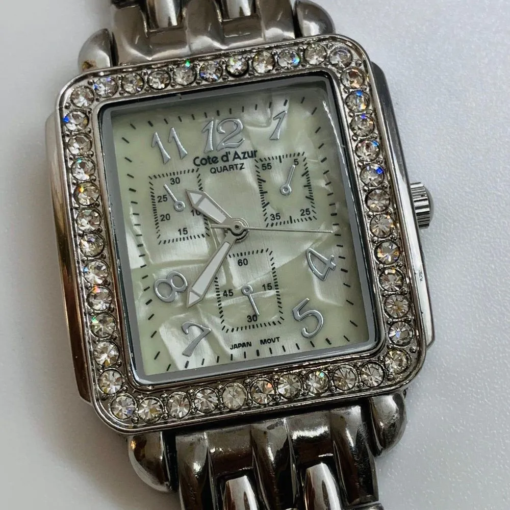 Côte d’Azur ladies 34mm silver tone Quartz analog watch rhinestones 7.5” battery - Image 2