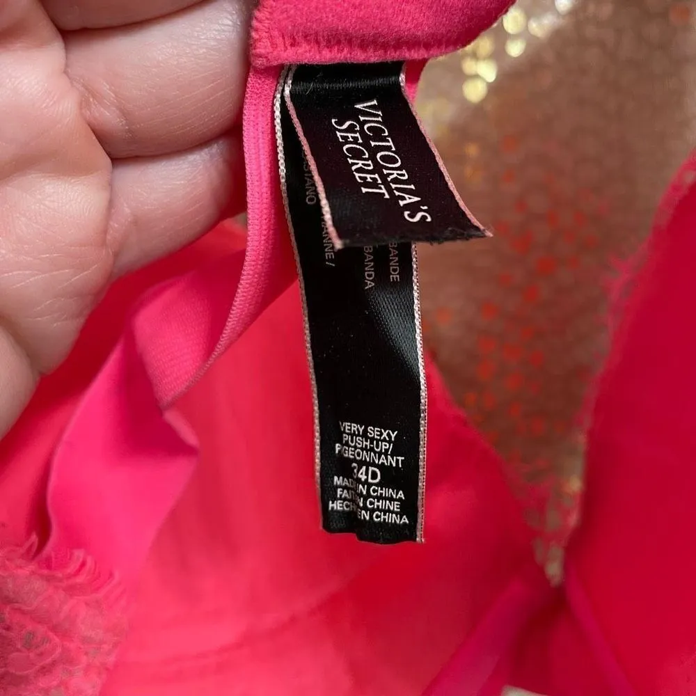 Victorias Secret Hot Pink Lace Very Sexy Push Up Thick Strap Bra, 34D - Image 8