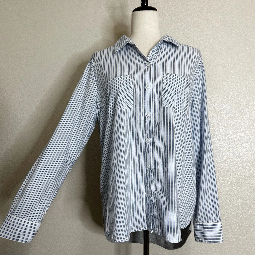 Jane and Delancey Blue White Striped Long Sleeves Button Down Shirt, Sz Large - Image 3