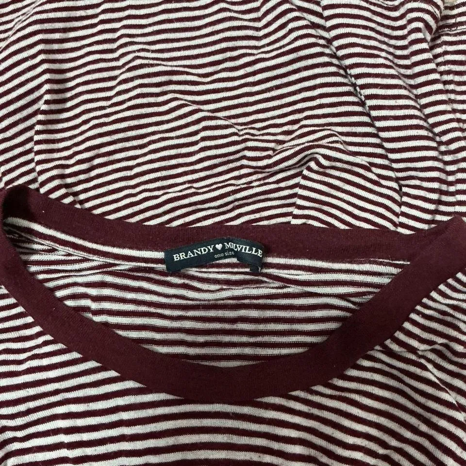 Brandy Melville Burgundy‎ White Striped One Size Cotton T Shirt - Image 3