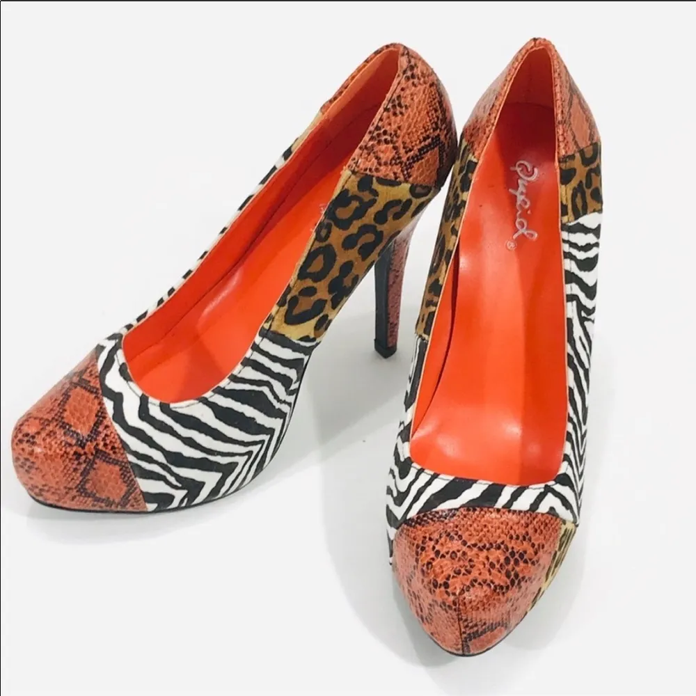 Qupid Animal Print High Heels, Orange, White, 6 - Image 9