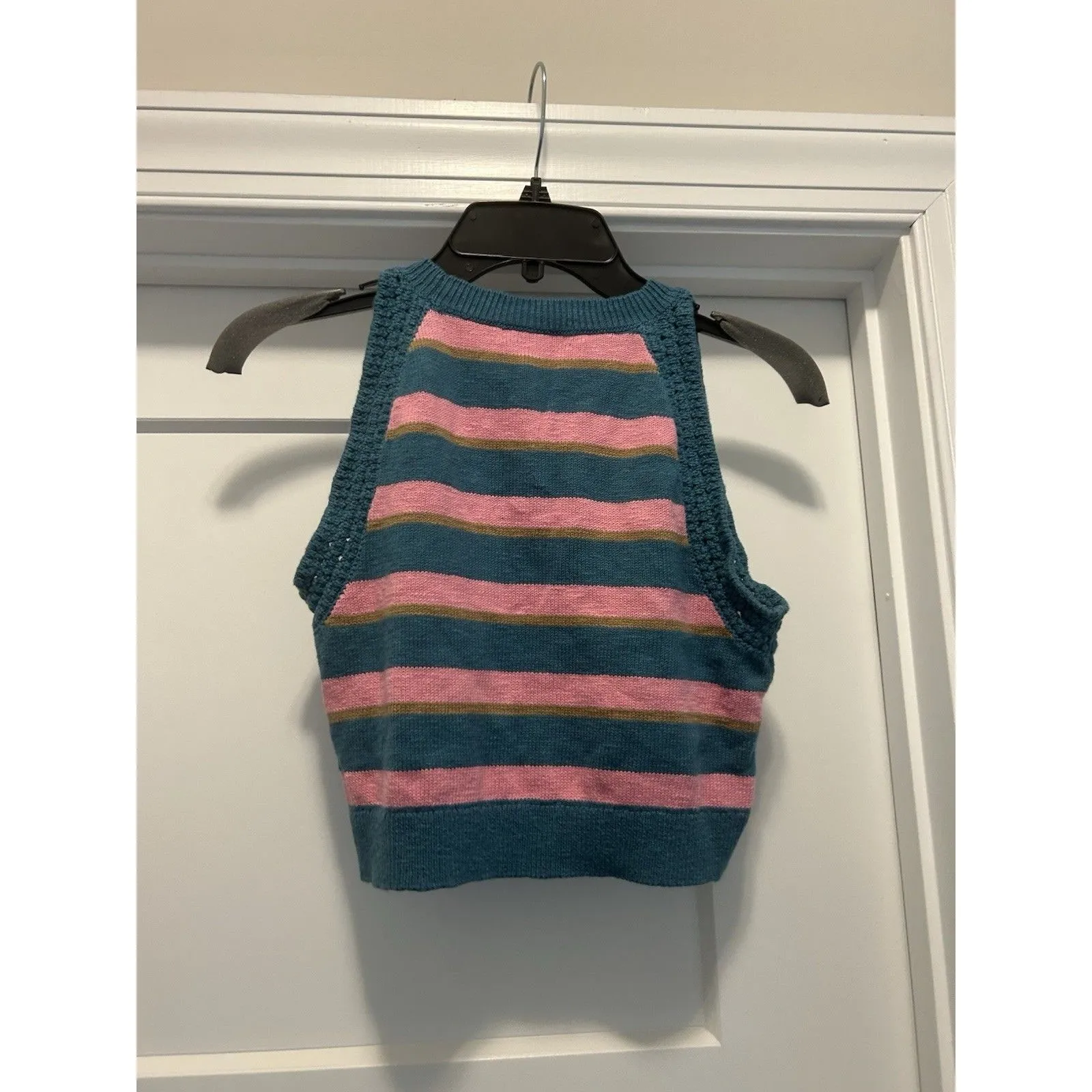 New Madewell Women's Crochet-Trim Crop Sweater Tank Teal Pink Stripe Size Medium - Image 4