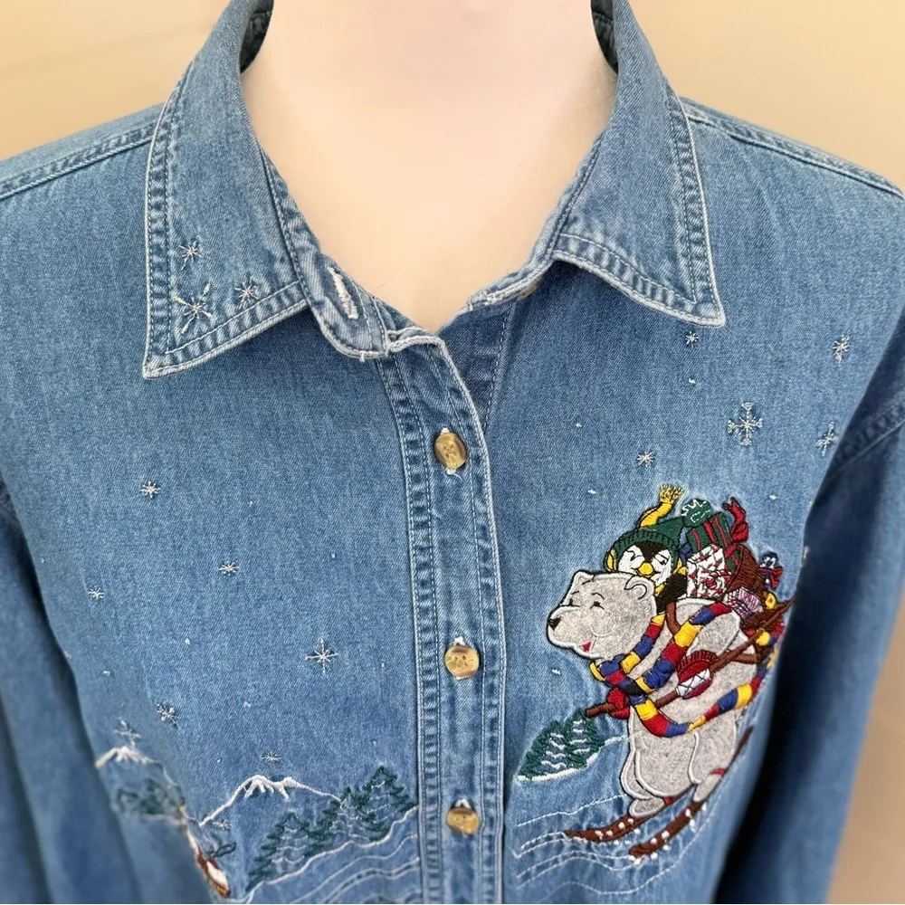 Bobby Brooks Denim Shirt Holiday Bear Penguin Long Sleeve Cotton Size 12 Blue - Image 5