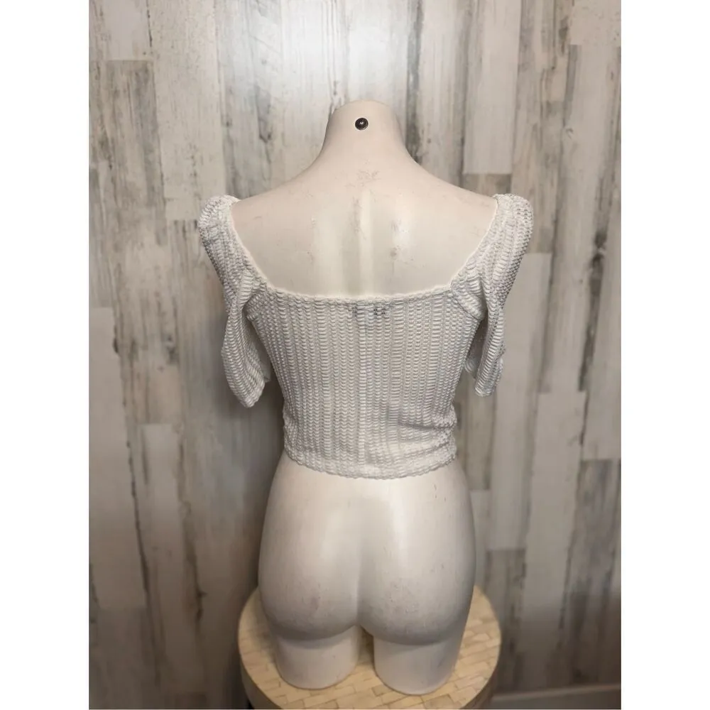 Poof New York White Smocked Crop Top M Boho Cottagecore Puff Sleeve - Image 7