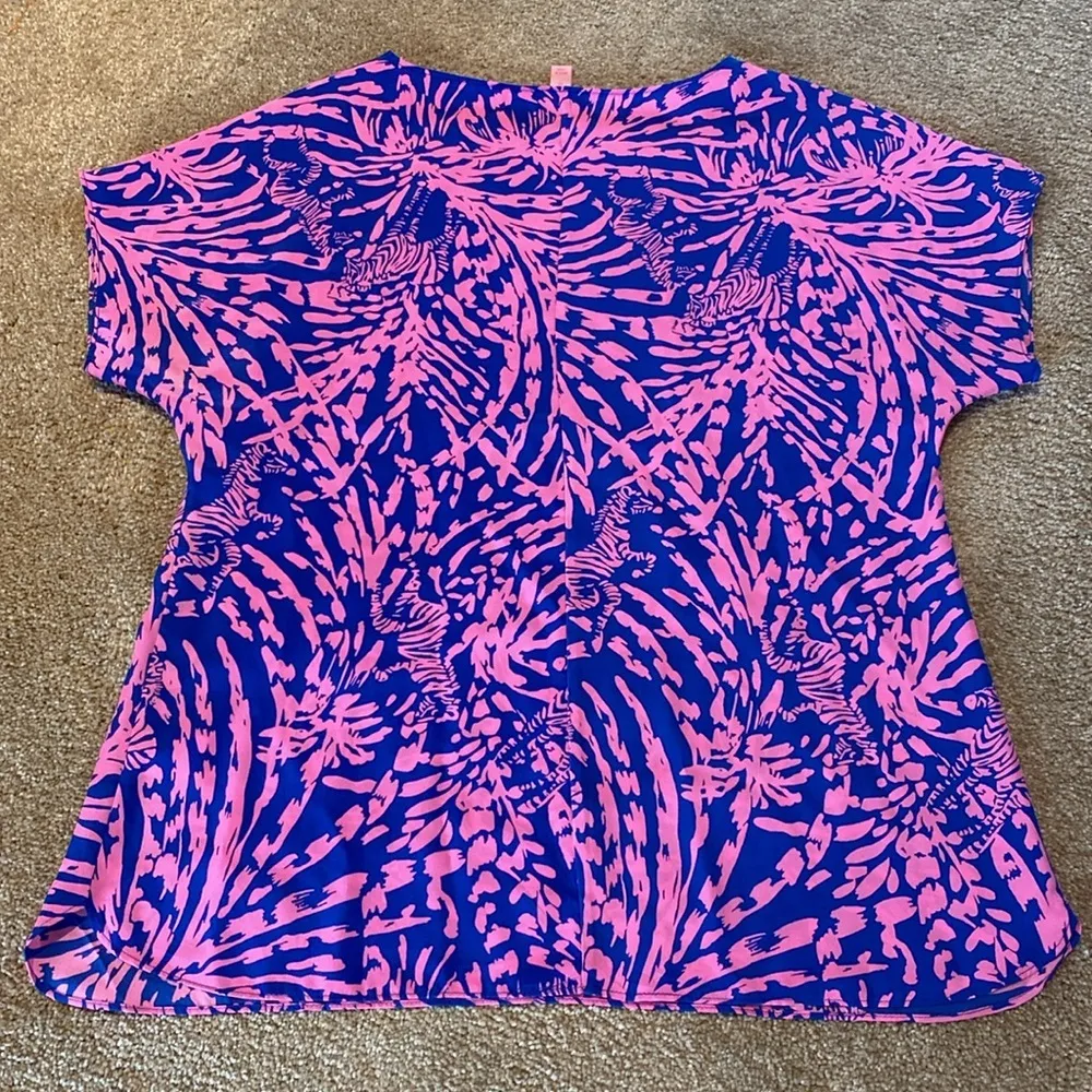 LILLY PULITZER Asher Silk Top Pink Blue Rollin in the Grass Zebra Print Sz M - Image 7