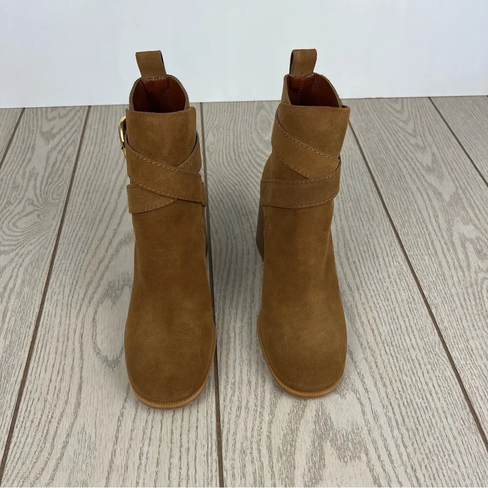 See by Chloé Suede Buckle Ankle Booties 37.5 Tobacco (Tan) & Goldtone Metal $525 - Image 3