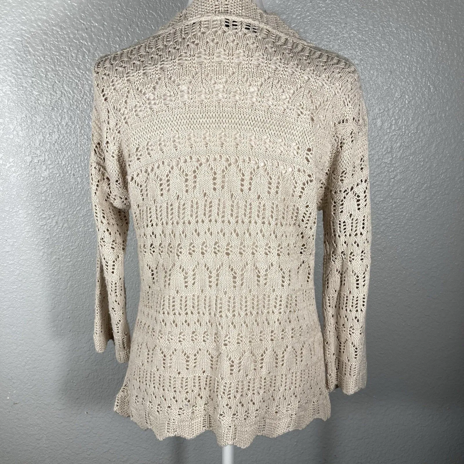 Crochet Cardigan S Cream Ivory Tie Front Coastal Beach Boho Cottage Y2K Vintage - Image 6