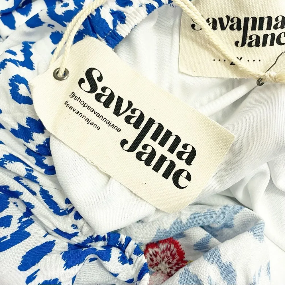 NWT Savanna Jane Boho Blue & White Ikat Floral Embroidered Shorts Romper Size 2X - Image 10