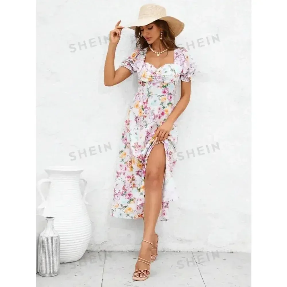 SHEIN Women's Small Floral Puff‎ Sleeve A-Line Multicolor Spring Midi Dress - Image 3